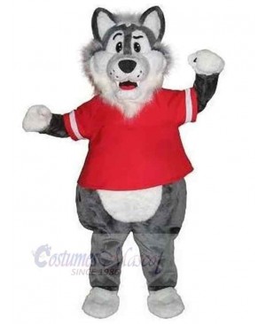 Gray Wolf Mascot Costume Animal in Red Sports T-shirt