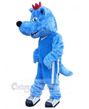 Plush Blue Wolf Mascot Costume Animal with Red Crown