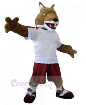 Active Brown Wolf Mascot Costume Animal in White T-shirt