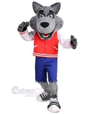 Happy College Gray Wolf Mascot Costume Animal in Red and White Clothes