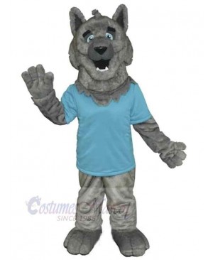 Waving Gray Wolf Mascot Costume Animal in Blue T-shirt