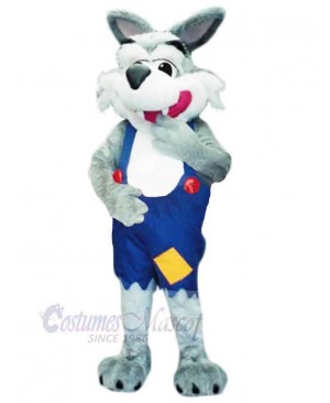 Friendly Wolf Mascot Costume Animal in Blue Overalls