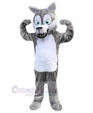 Comical Gray Wolf Mascot Costume Animal with Blue Eyes