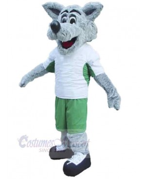 Happy Wolf Mascot Costume Animal in White and Green Clothes