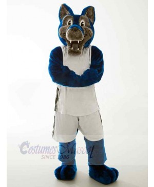 Strong Blue and Grey Wolf Mascot Costume Animal in White Clothes