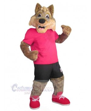 Sharp Teeth Brown Wolf Mascot Costume Animal in Pink T-shirt