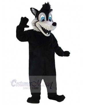 Funny Black Wolf Mascot Costume Animal Adult with Blue Eyes
