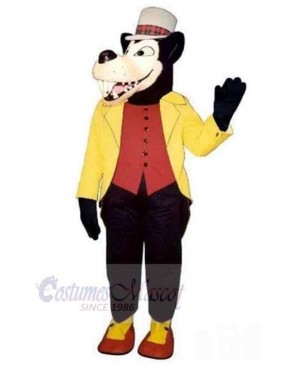 Black Wolf Mascot Costume Animal in Yellow Clothes