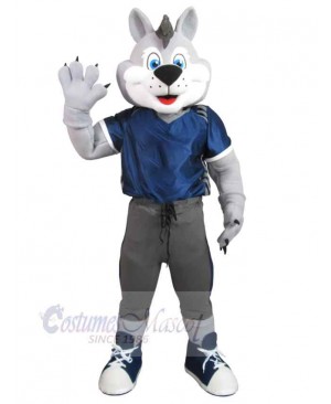 Light Gray Wolf Mascot Costume Animal in Blue T-shirt