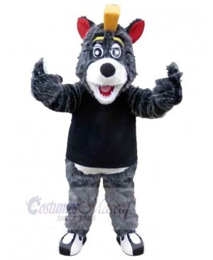 Cheering Grey Wolf Mascot Costume Animal with Red Ears