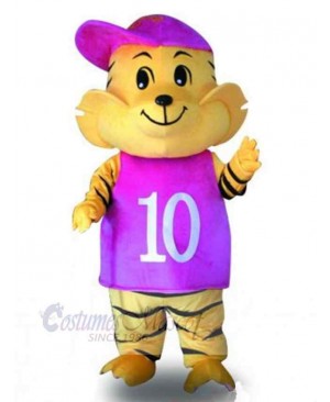 Happy Tiger Mascot Costume Animal with Purple Hat