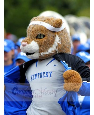 Brown Tiger Mascot Costume Animal in Blue Outfit