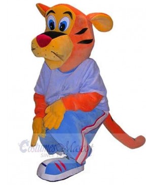 Tiger Mascot Costume Animal in Blue Outfit