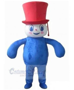Blue Snowman Mascot Costume with Red Hat