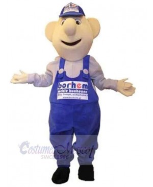 Cute Snowman Mascot Costume in Blue Overalls