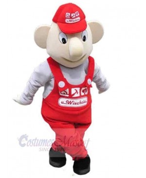 Cute Snowman Mascot Costume in Red Overalls