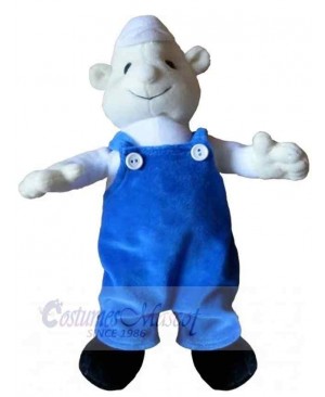 White Snowman Mascot Costume in Blue Overalls