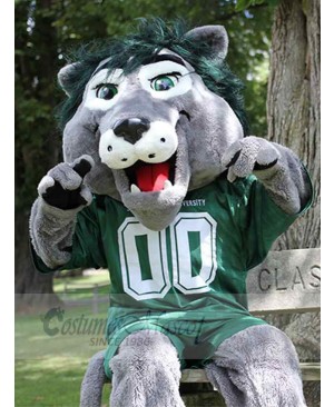 Gray Lion Mascot Costume Animal in Green T-shirt