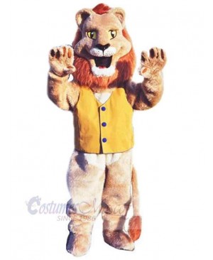 Brown Lion Mascot Costume Animal in Yellow Vest