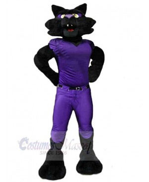 Male Black Panther Mascot Costume Animal in Purple Clothes