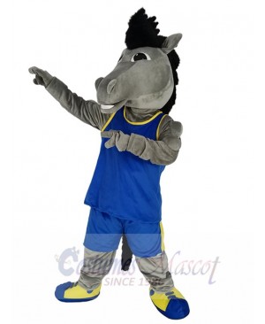 Gray Mustang Horse Mascot Costume Animal in Royal Blue Jersey