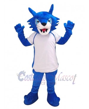 Sparkling Blue Bobcat in White Sports Shirts Mascot Costume Animal