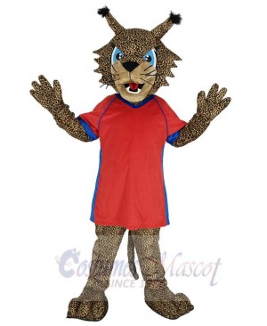 Bobcat in Red Jersey Mascot Costume Animal