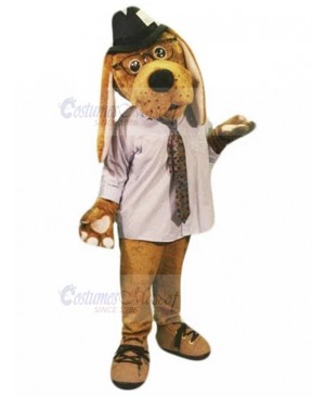 Brown Dog in White Shirt Mascot Costume with Black Hat