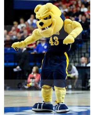 Fierce Yellow Bulldog Mascot Costume in Dark Blue Jersey