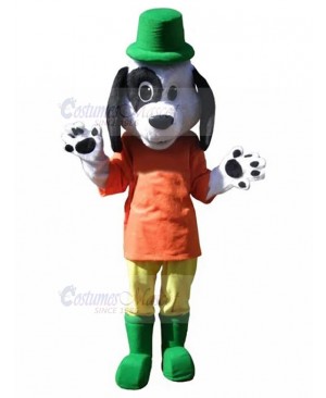 Cute Dalmatian Dog in Orange Mascot Costume with Green Hat Animal
