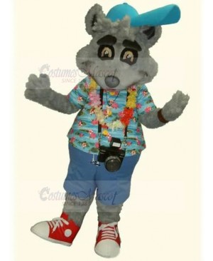 Gray Photographer Dog Mascot Costume with Blue Aloha Shirt Animal