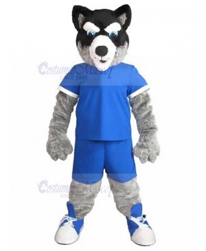 Black and Gray Husky Dog Mascot Costume in Blue Jersey Animal