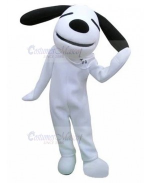 Smiling White Dog Mascot Costume with Dropping Black Ears Animal