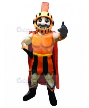 Strong Spartan Knight in Orange Armor Mascot Costume People