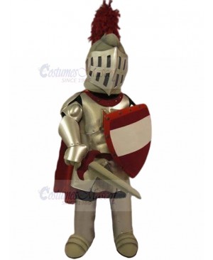 Silver Spartan Knight with Red and White Shield Mascot Costume People