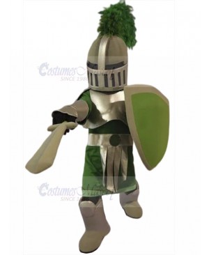 Silver Spartan Knight with Green Tassel Mascot Costume People