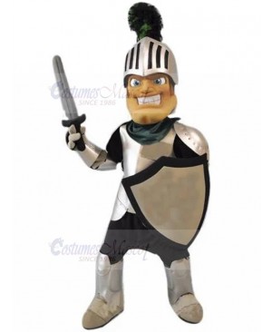 Smiling Knight with Silver Helmet Mascot Costume People