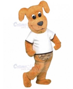 Cute Brown Dog Smiling Mascot Costume in White T-shirt