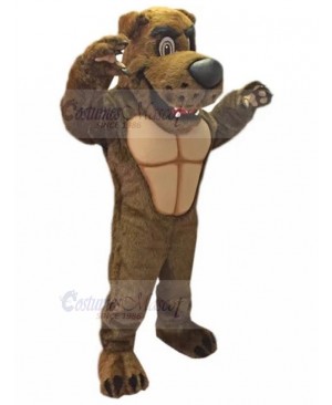 Happy Dark Brown Power Dog Mascot Costume with Muscle