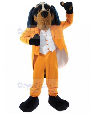 Elegant Bandleader Rottweiler Mascot Costume in Orange Suit