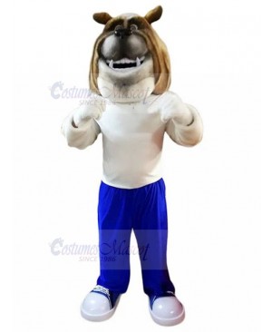 Smiling Bulldog Mascot Costume with Dark Blue Sweatpants