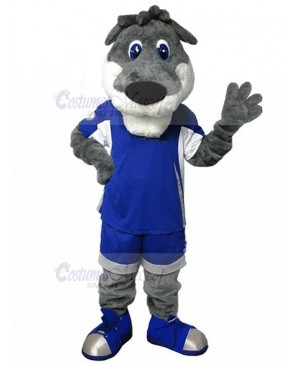 Gray Dog Mascot Costume in Blue Sport Suit Animal