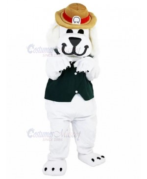 Smiling White Dog in Black Vest Mascot Costume with Brown Hat Animal