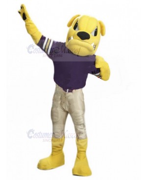 Fierce Yellow British Bulldog Mascot Costume in Beige Jeans Animal