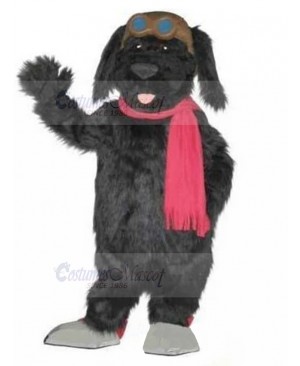 Furry Black Pilot Dog Mascot Costume with Red Scarf Animal