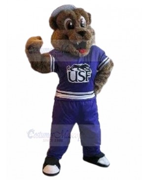 Hairy Brown Dog Mascot Costume in Sapphire Sports Suit Animal