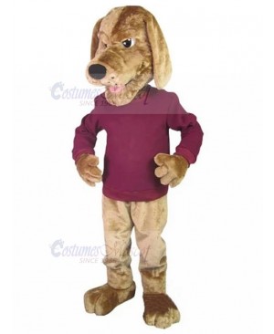 Serious Golden Pointer Dog Mascot Costume Animal in Dark Rose Red Shirt