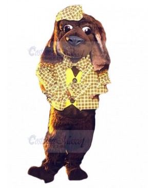 Brown Dog Mascot Costume Animal in Yellow Plaid suit