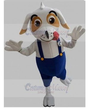 White Dog Mascot Costume with Blue Overalls Animal