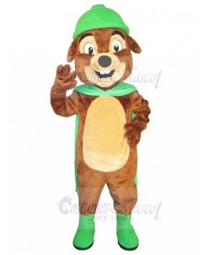 Happy Brown Dog Mascot Costume with Green Wearing Animal